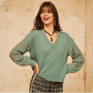 NKN Nekane Meli Aqua Gold Lurex V-Neck Wool Blend Sweater Small/ Medium NWT